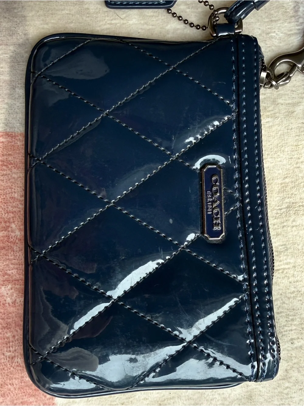 Coach Poppy Navy Quilted Patent Wristlet with Strap